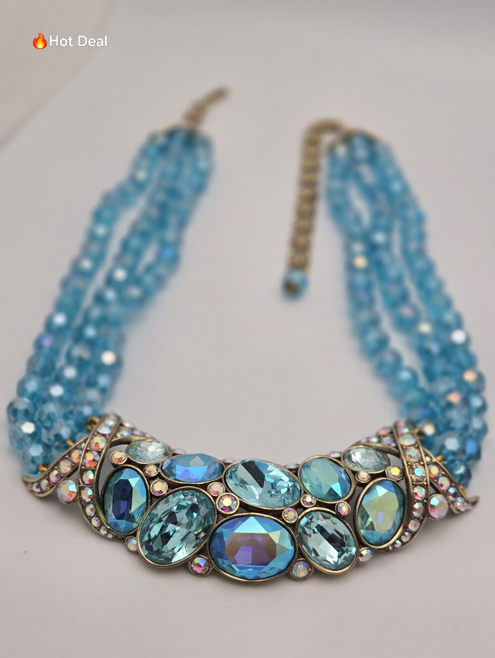 Heidi Daus Turquoise Blue Aurora Borealis Crystal Beaded Statement Necklace 19"